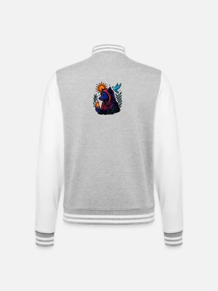 Flamme des Geistes – Kosmische Wolfskunst - College-Sweatjacke - Grau meliert/Weiß