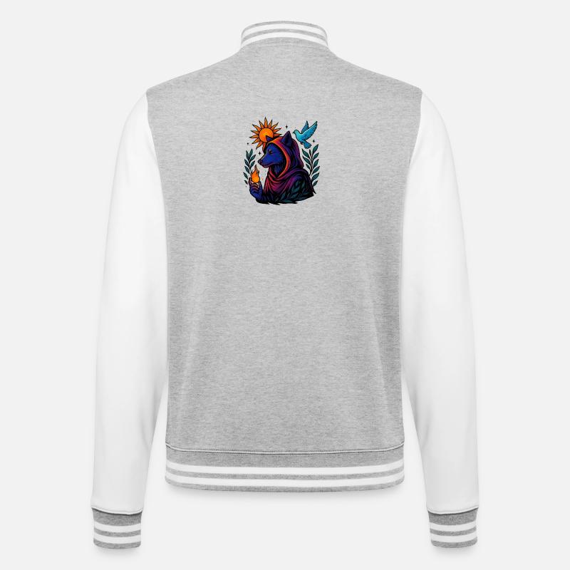 Flamme des Geistes – Kosmische Wolfskunst - College-Sweatjacke - Grau meliert/Weiß
