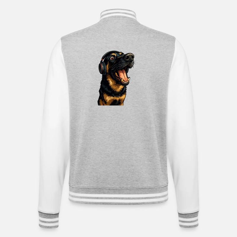 Kopfhörer-Rottweiler Portrait - College-Sweatjacke - Grau meliert/Weiß