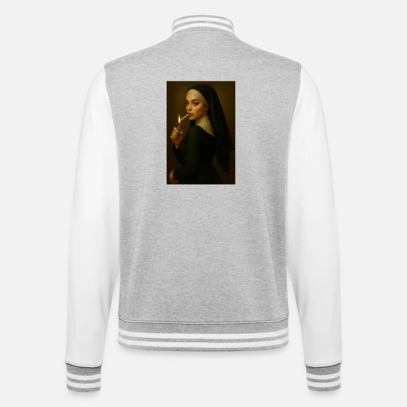 Nonne mit Feuerzeug - College-Sweatjacke - Grau meliert/Weiß