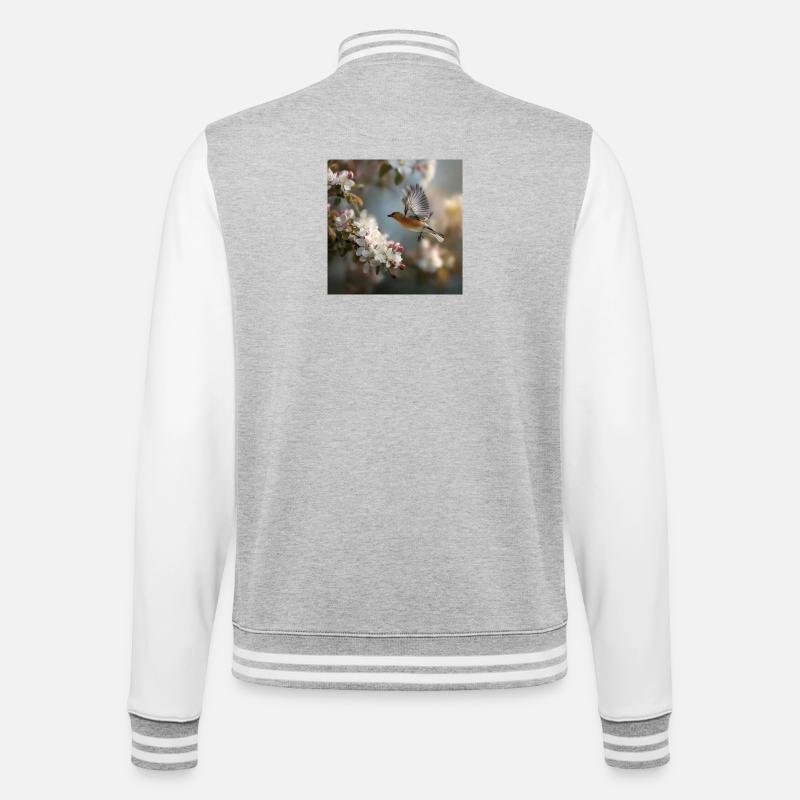 Frühlingssperling im Blütenflug - College-Sweatjacke - Grau meliert/Weiß