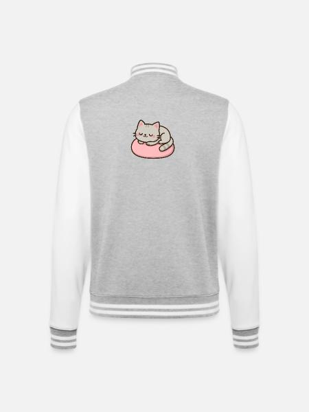 Chat doux sur coussin rose - Veste Teddy - gris chiné / blanc