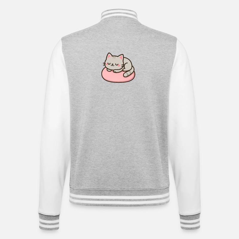 Chat doux sur coussin rose - Veste Teddy - gris chiné / blanc