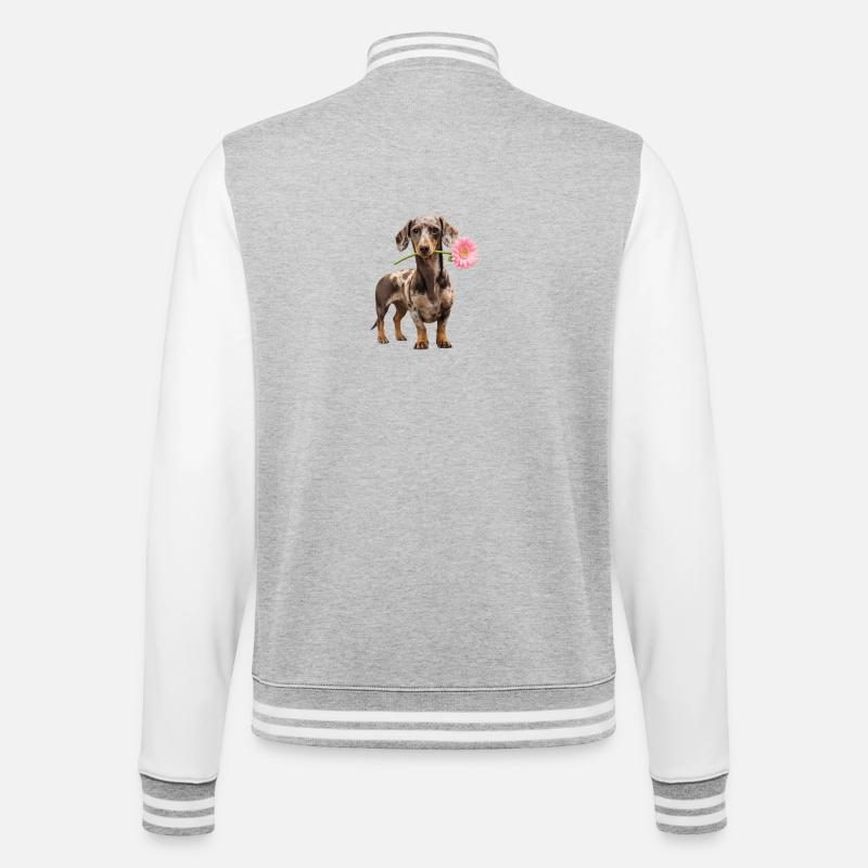 Dackel mit Blume – Blütenliebe - College-Sweatjacke - Grau meliert/Weiß