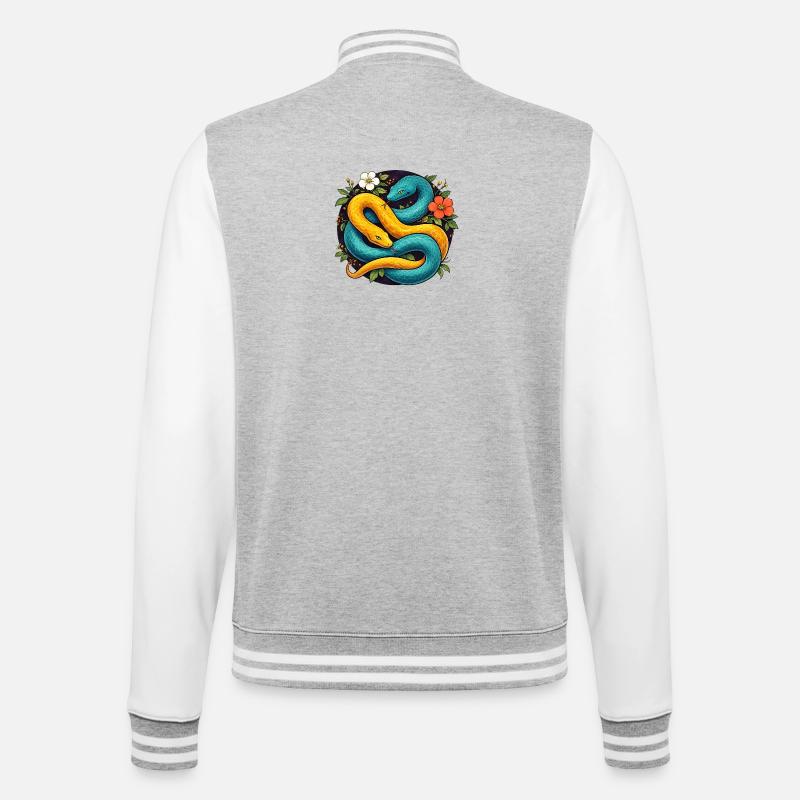 Zwei Pythonschlangen im Blütenring - College-Sweatjacke - Grau meliert/Weiß