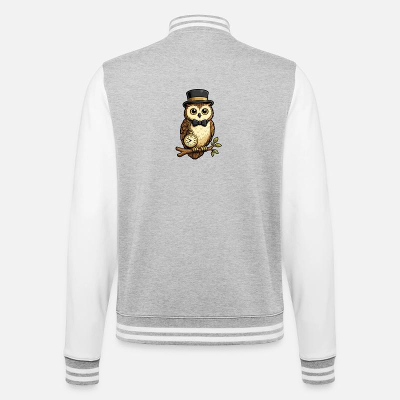 Eulen Gentleman mit Uhr und Hut - College-Sweatjacke - Grau meliert/Weiß