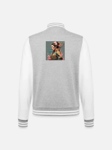 Samurai lady with cherry blossoms - College Sweat Jacket - heather grey/white