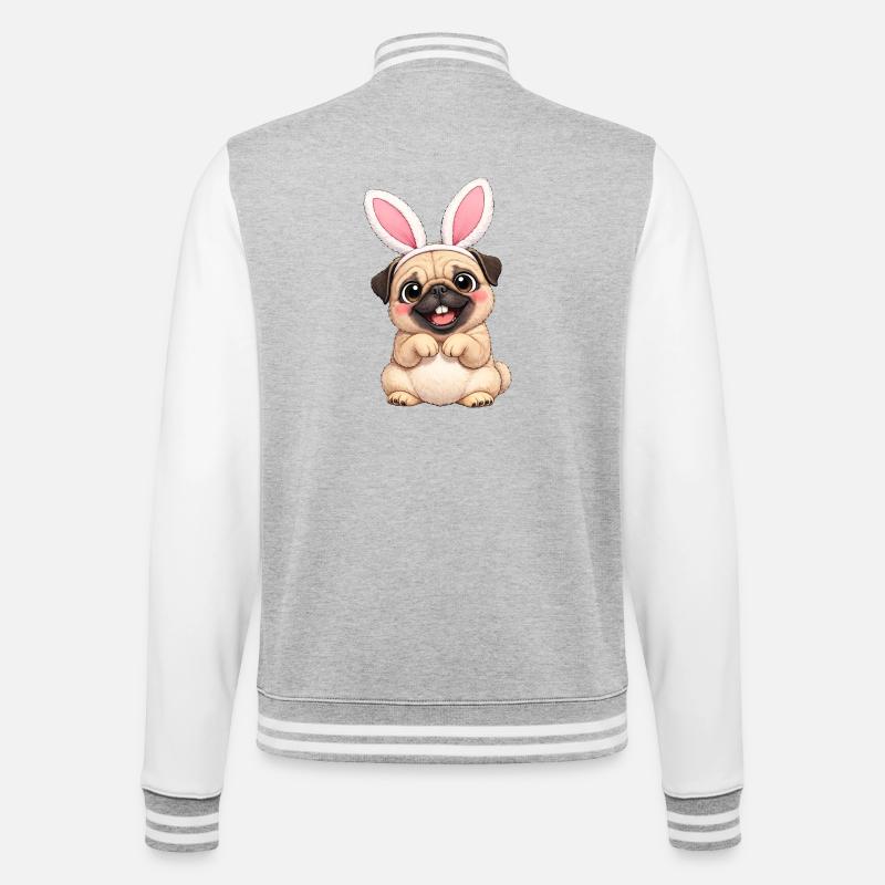 Cute Pug Dog with Bunny Ears Easter Cartoon - College Sweat Jacket - heather grey/white