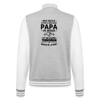 Herz + Tennis – Super Papa Tennisspieler - College-Sweatjacke - Grau meliert/Weiß - Hinten - Marisol (170cm)