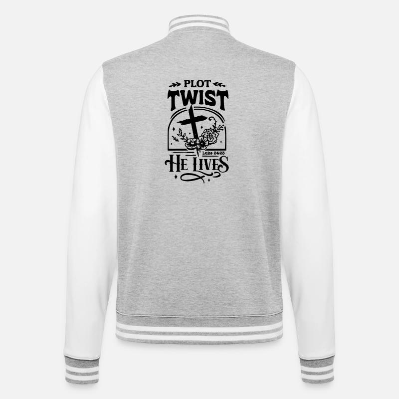Plot Twist: Er lebt Ostern Christ - College-Sweatjacke - Grau meliert/Weiß