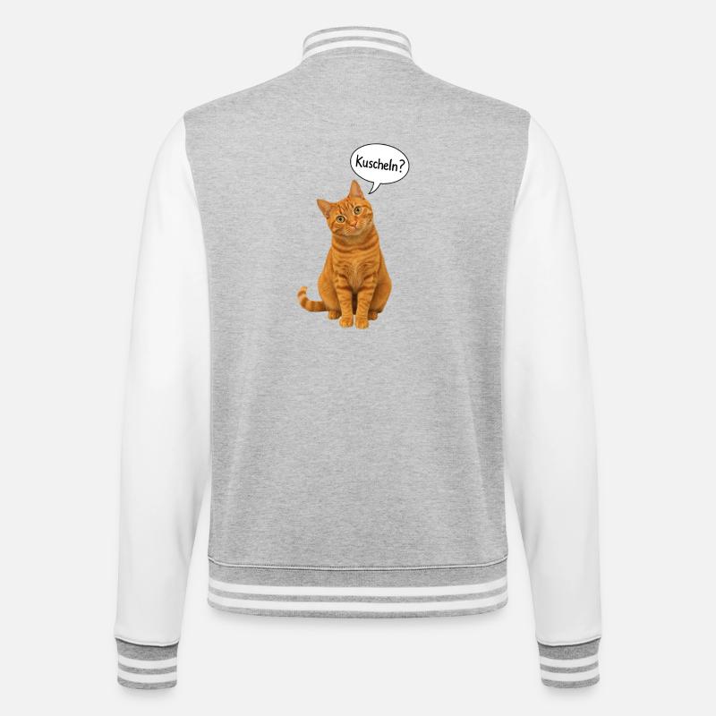 Red cat with tilted head asks: "Cuddle?" - College Sweat Jacket - heather grey/white