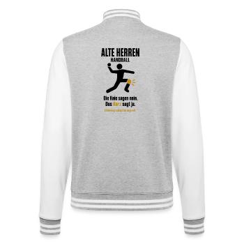 Alte Herren Handball – Die Knie sagen nein - College-Sweatjacke - Grau meliert/Weiß - Hinten - Marisol (170cm)