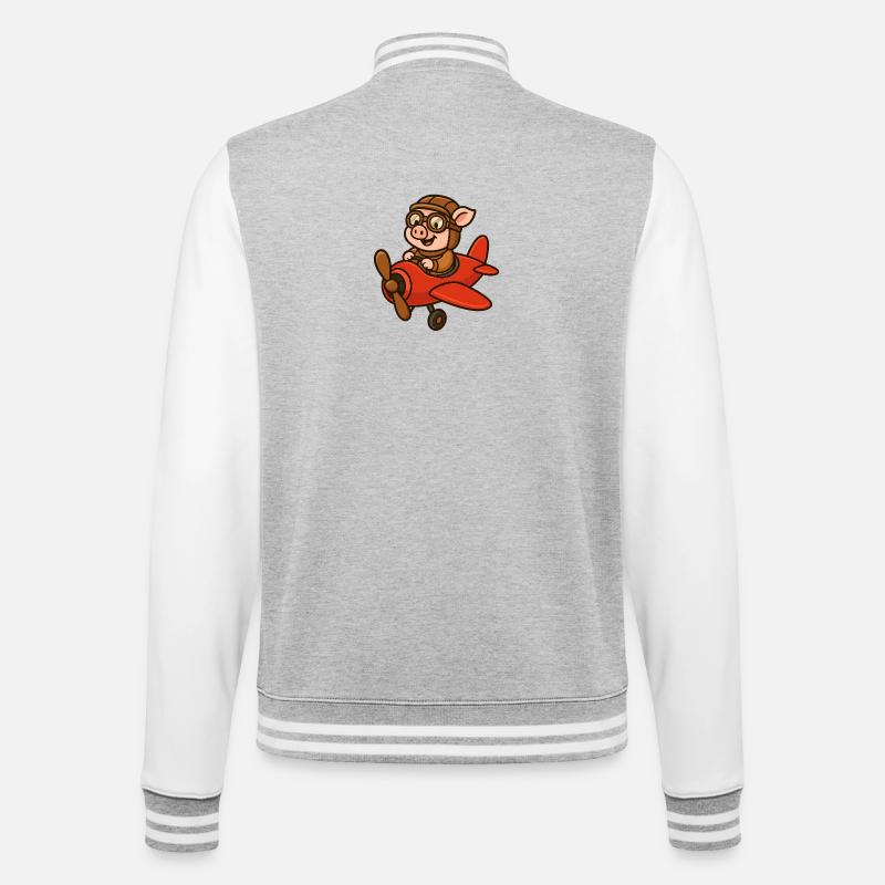 Ausdrucksstarker Schweinepilot im Retro-Stil - College-Sweatjacke - Grau meliert/Weiß