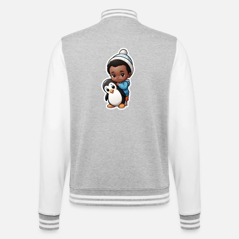 Cute Kid with Penguin Illustration - College Sweat Jacket - heather grey/white