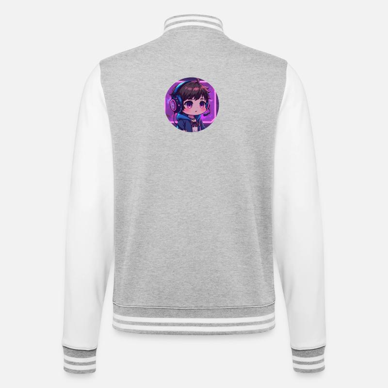 Neon Gaming Chibi mit Kopfhörern - College-Sweatjacke - Grau meliert/Weiß