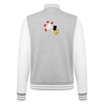 Smartphone in hand and phone with sweet hearts - College Sweat Jacket - heather grey/white - Back - Marisol (170cm)