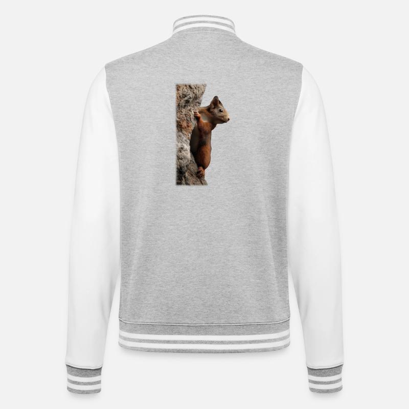 Neugieriges Eichhörnchen am Baumstamm - College-Sweatjacke - Grau meliert/Weiß