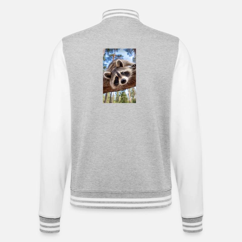 Neugieriger Waschbär am Baumast - College-Sweatjacke - Grau meliert/Weiß