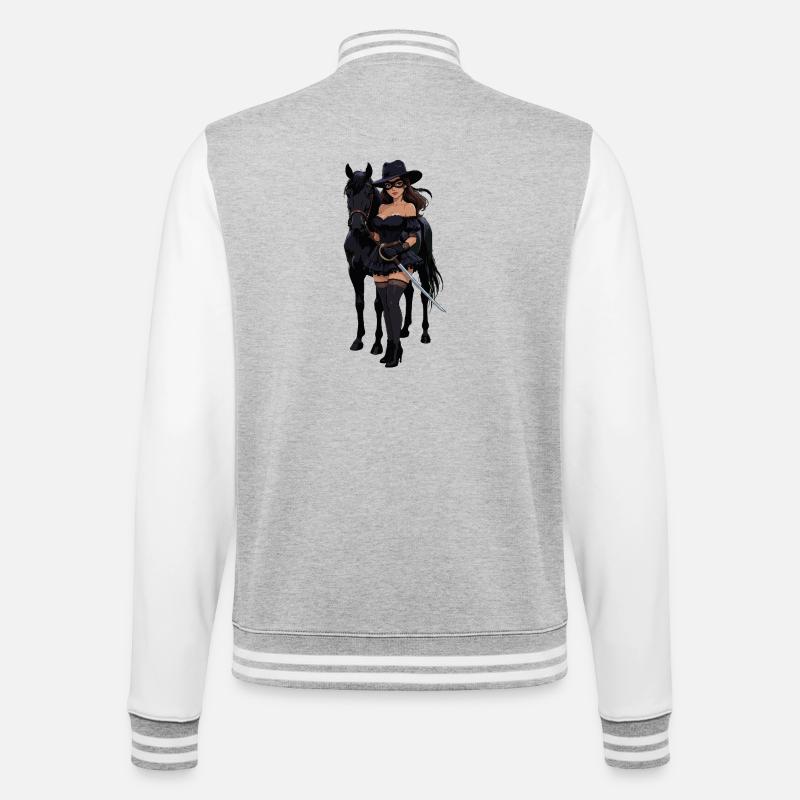 Zorro-Frau mit schwarzem Pferd - College-Sweatjacke - Grau meliert/Weiß