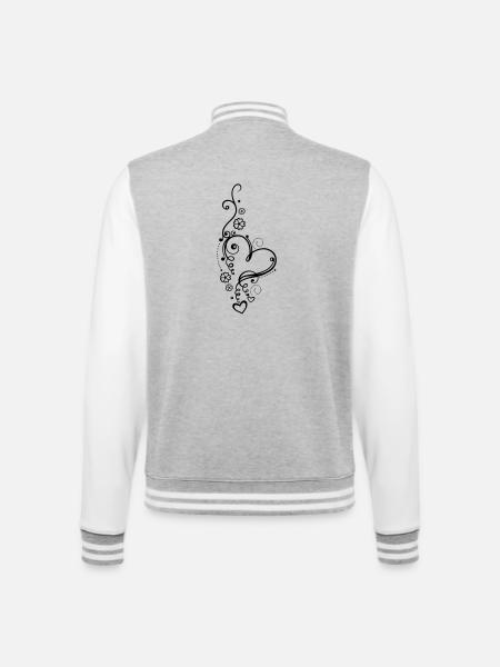 Corazón grande con pequeños corazones y flores - Cazadora universitaria - gris jaspeado/blanco