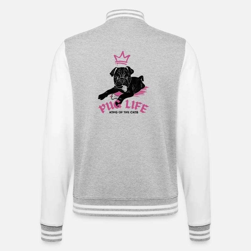 Pug Life – Mops mit Krone - College-Sweatjacke - Grau meliert/Weiß