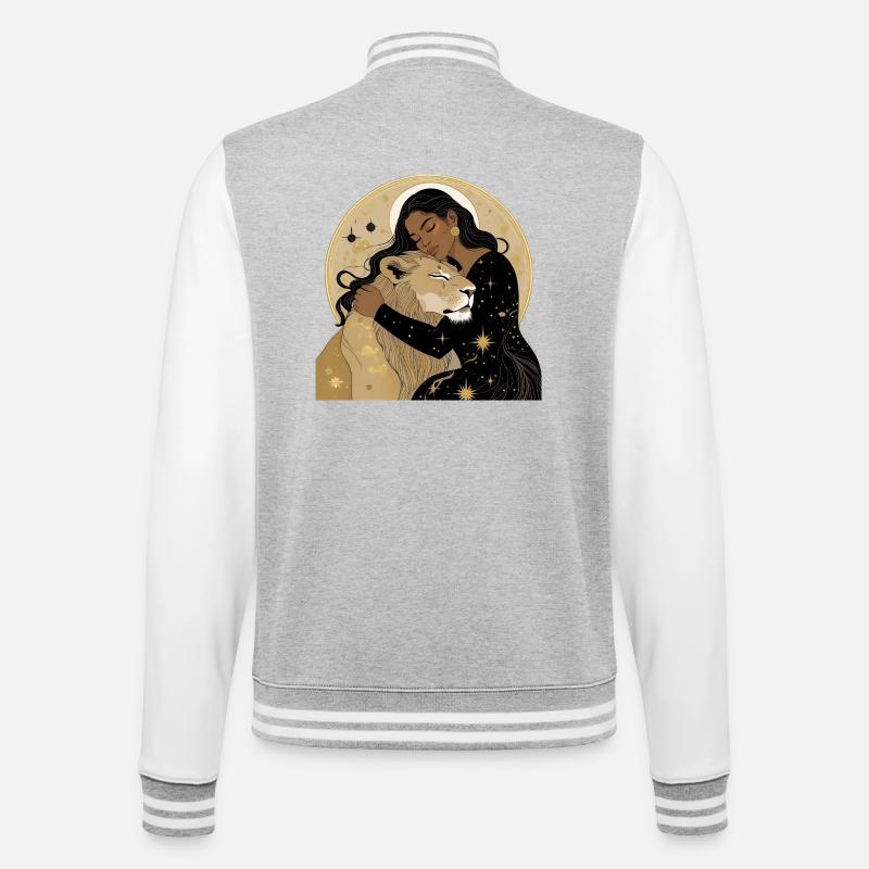 Frau mit Löwe in Sternenhimmel - College-Sweatjacke - Grau meliert/Weiß