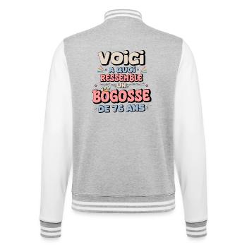 Design Humor Anniversaire 76 Ans - Veste Teddy - gris chiné / blanc - Dos - Marisol (170cm)