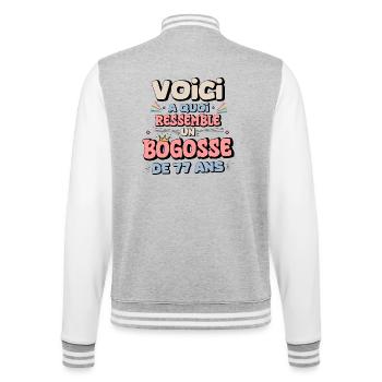 Humour Anniversaire 77 Ans - Veste Teddy - gris chiné / blanc - Dos - Marisol (170cm)
