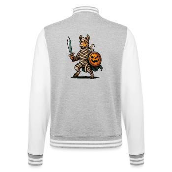 Gespenstisches Ritter-Lama mit Kürbisschild - College-Sweatjacke - Grau meliert/Weiß - Hinten - Marisol (170cm)