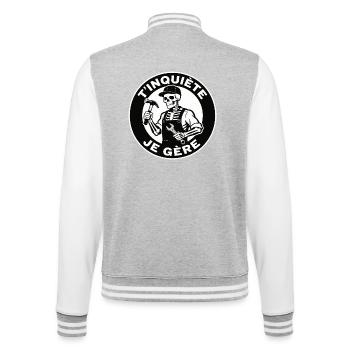 Skelett-Handwerker, keine Sorge, ich verstehe schwarzen Humor - College-Sweatjacke - Grau meliert/Weiß - Hinten - Marisol (170cm)