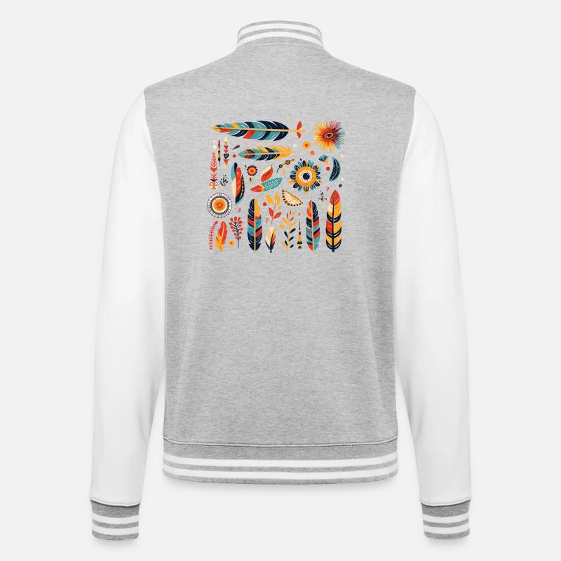 Boho Feder und Blüten Muster - College-Sweatjacke - Grau meliert/Weiß