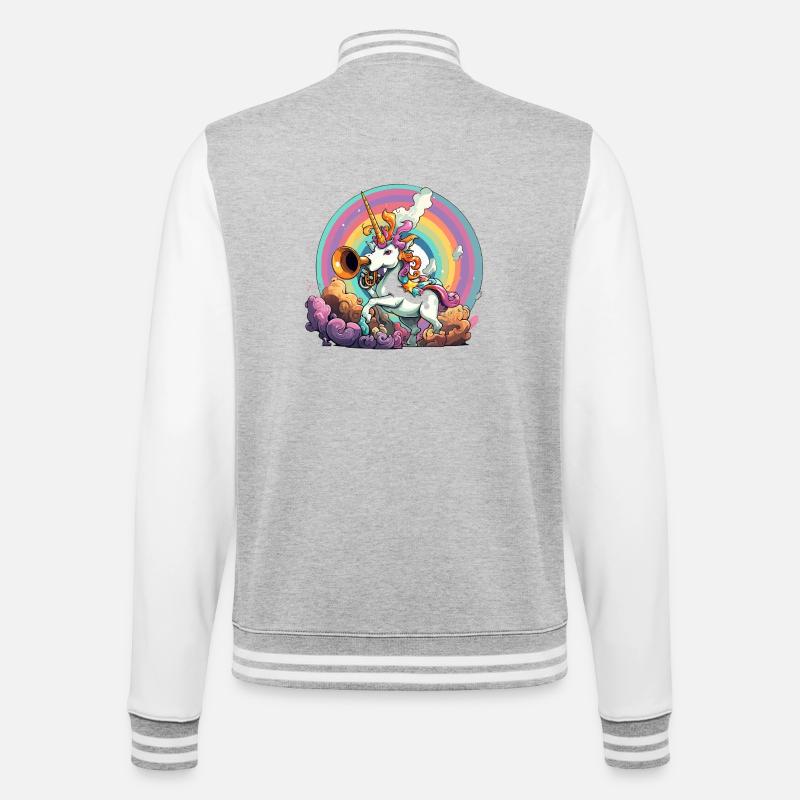 Regenbogen-Unicorn mit Trompete - College-Sweatjacke - Grau meliert/Weiß