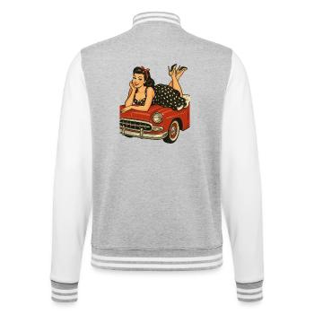 Pin-up rockabilly sur une voiture vintage dans un style rétro - Veste Teddy - gris chiné / blanc - Dos - Marisol (170cm)