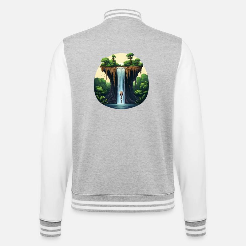 Alien am Wasserfall im Dschungel - College-Sweatjacke - Grau meliert/Weiß