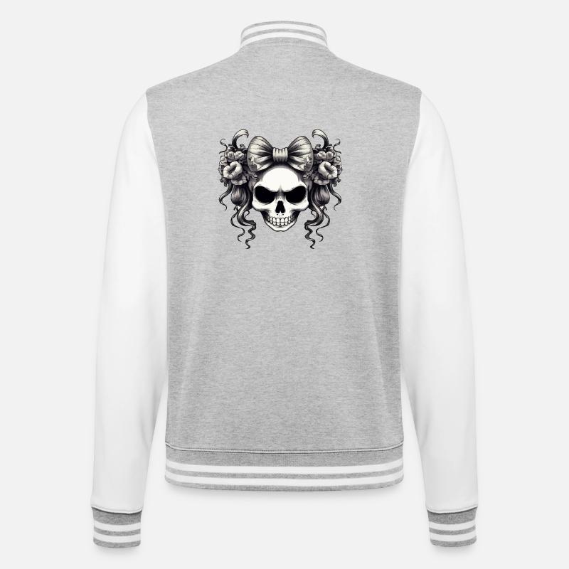Schädel mit Schleife und Rosen - College-Sweatjacke - Grau meliert/Weiß