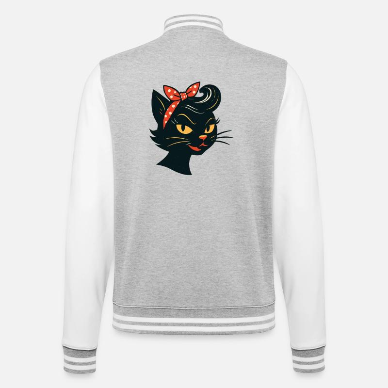 Sort kat i 50'er retro-stil - College sweatjakke - grå meleret/hvid