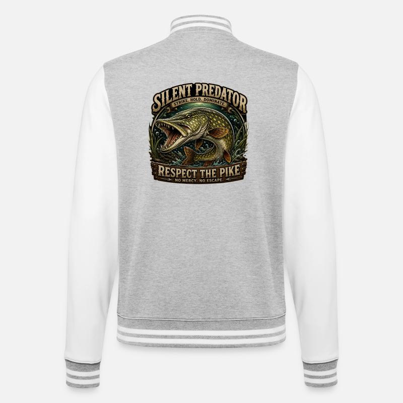 Silent Predator – Aggressives Hechtfang-Design - College-Sweatjacke - Grau meliert/Weiß