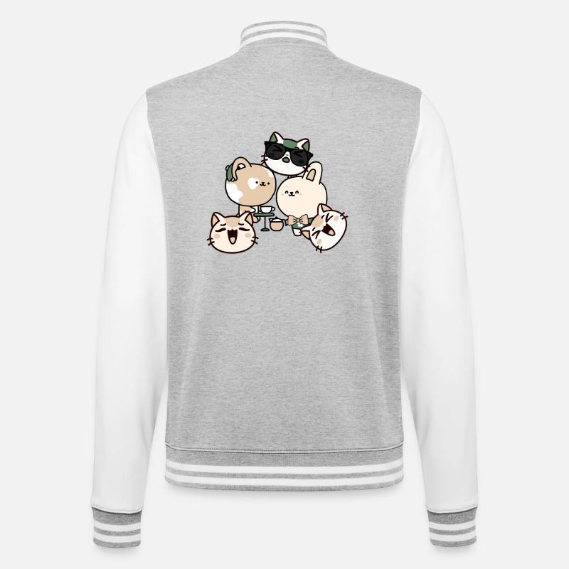 Kawaii Kaffeepause: Katze mit Hörgerät - College-Sweatjacke - Grau meliert/Weiß