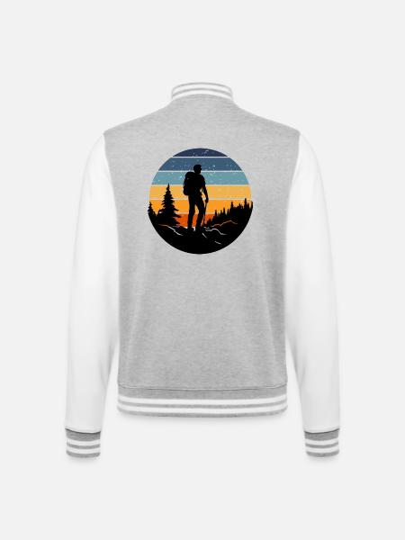 Wanderer-Silhouette im liegenden Retrowald - College-Sweatjacke - Grau meliert/Weiß