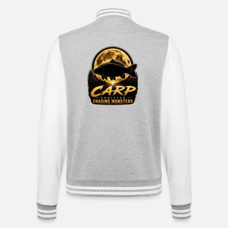 Mitternachtskarpfen-süchtiges Monsterfischen-Design - College-Sweatjacke - Grau meliert/Weiß