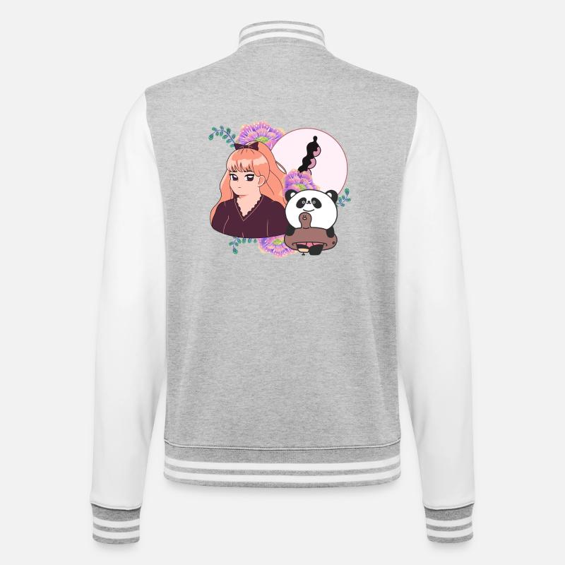 Manga-Mädchen und Panda mit Beinprothese - College-Sweatjacke - Grau meliert/Weiß