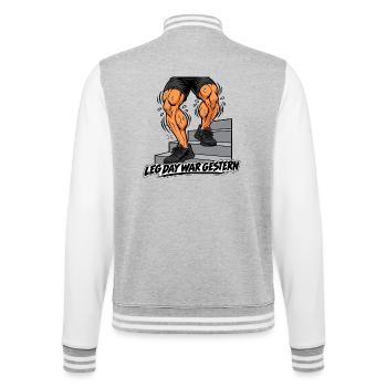 Fitness Herren Outfit- Leg day - Lustiges Gym Bild - College-Sweatjacke - Grau meliert/Weiß - Hinten - Marisol (170cm)