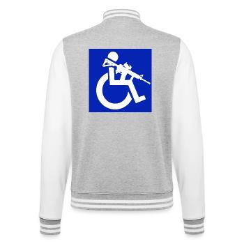 Bild eines Rollstuhlfahrers mit einem Gewehr # - College-Sweatjacke - Grau meliert/Weiß - Hinten - Marisol (170cm)