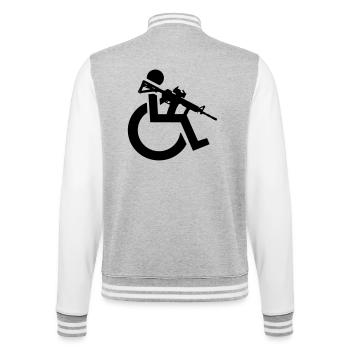 Bewaffneter Rollstuhlfahrer mit Gewehr, Waffe # - College-Sweatjacke - Grau meliert/Weiß - Hinten - Marisol (170cm)