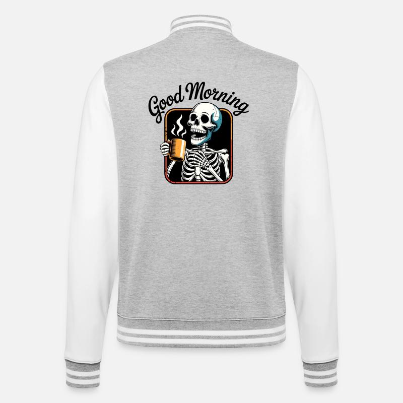 Kaffee-Skelett mit dampfender Tasse - College-Sweatjacke - Grau meliert/Weiß