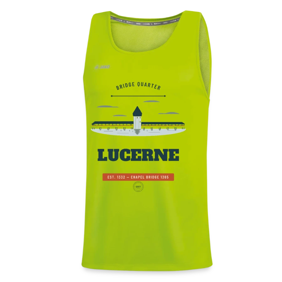 Lucerne badge on a jako kids' tank top run 2.0, neon green