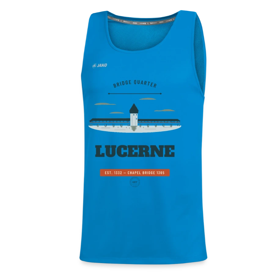 Lucerne badge on a jako kids' tank top run 2.0, sapphire blue