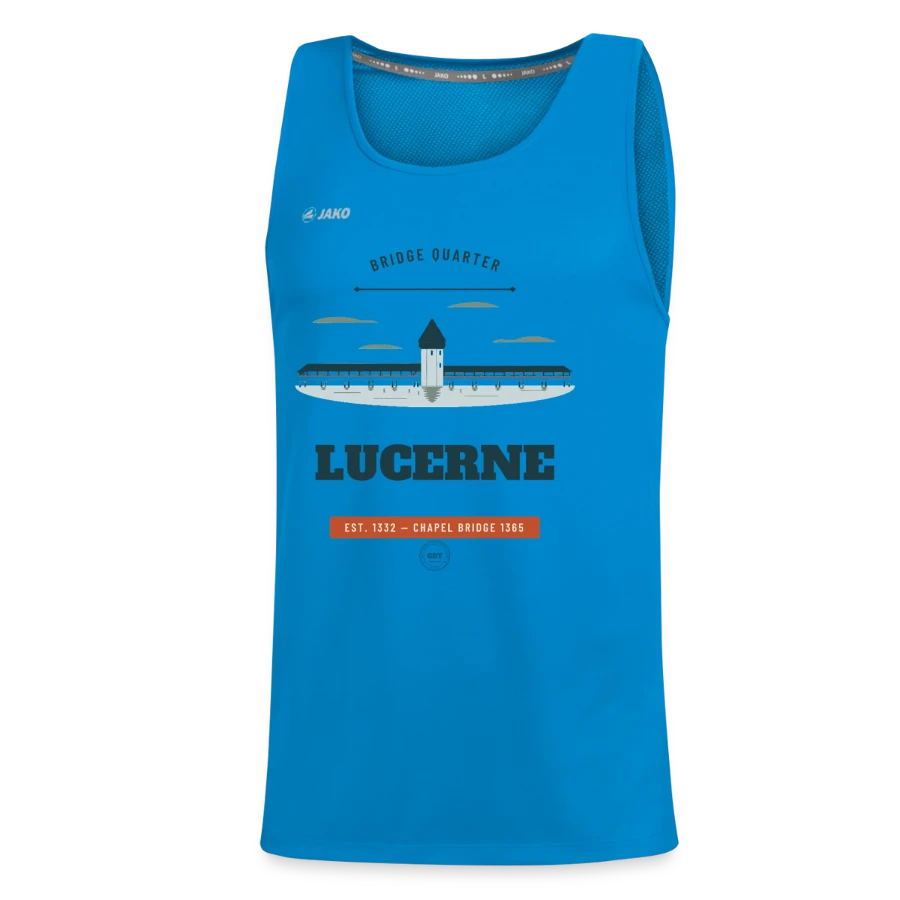 Lucerne badge on a jako teenager's tank top run 2.0, sapphire blue