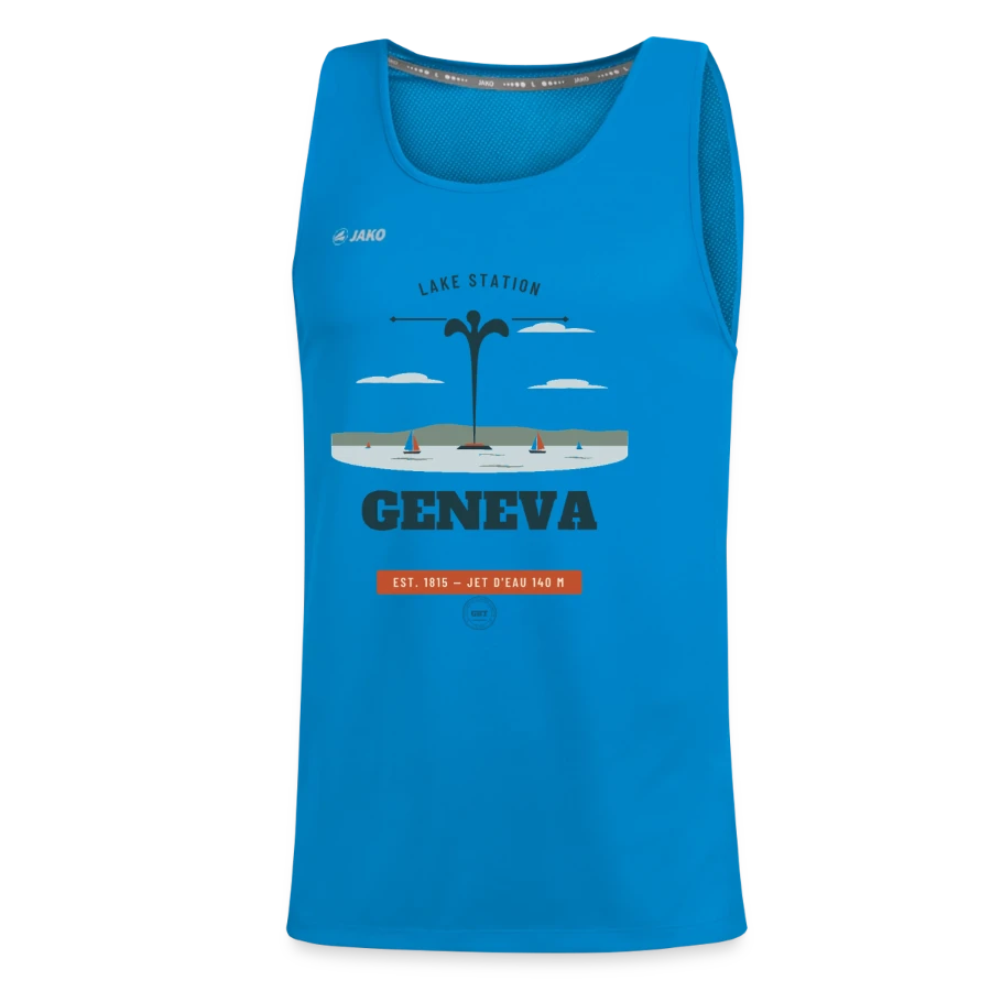 Geneva badge on a jako teenager's tank top run 2.0, sapphire blue
