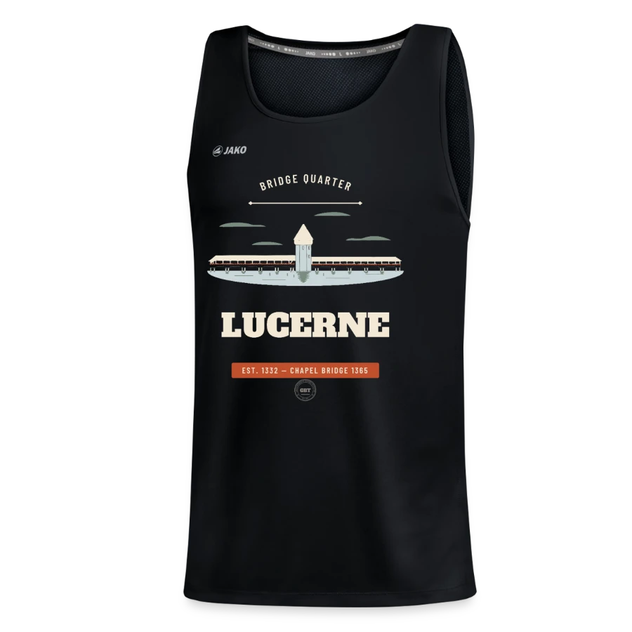 Lucerne badge on a jako teenager's tank top run 2.0, black